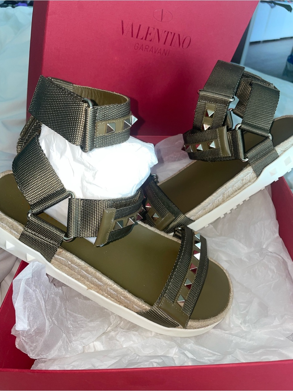 Valentino Garavani Rockstud sport Nylon Double Strap Sandals olive SZ 38 NEW